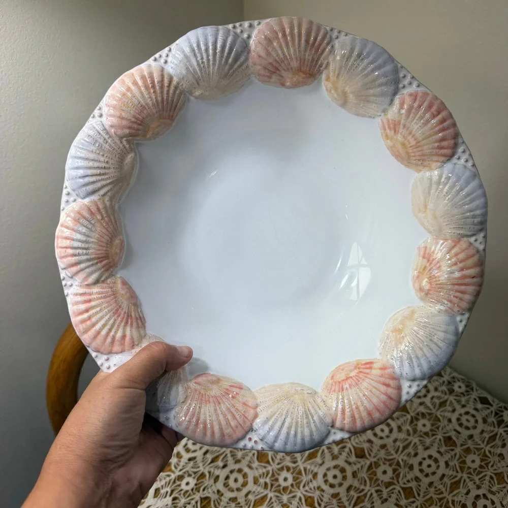 Vintage Portugal Sculptural Scallop Shell Rim Bowl Coastal Majolica Serving Dish